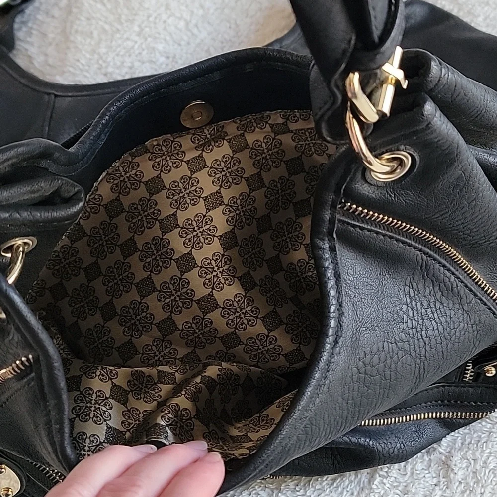 Just Fab Three Compartment Large Black Leather Zipper Purse - Picture 6 of 9